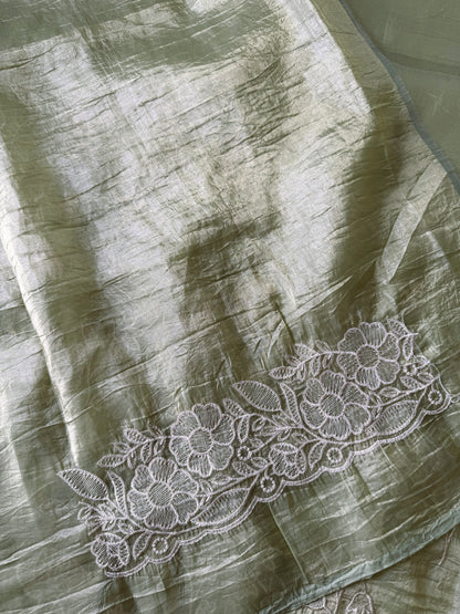 Crushed organza saree with embroidery and scalloped borders | Pastel green| CR1