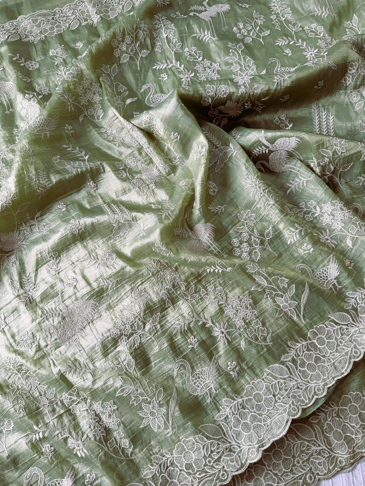 Crushed organza saree with embroidery and scalloped borders | Pastel green| CR1