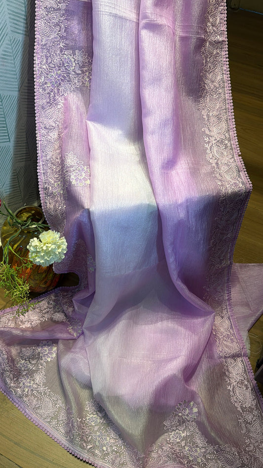 Lavender ombre crushed-tissue saree embroidery and lace edges | OM1