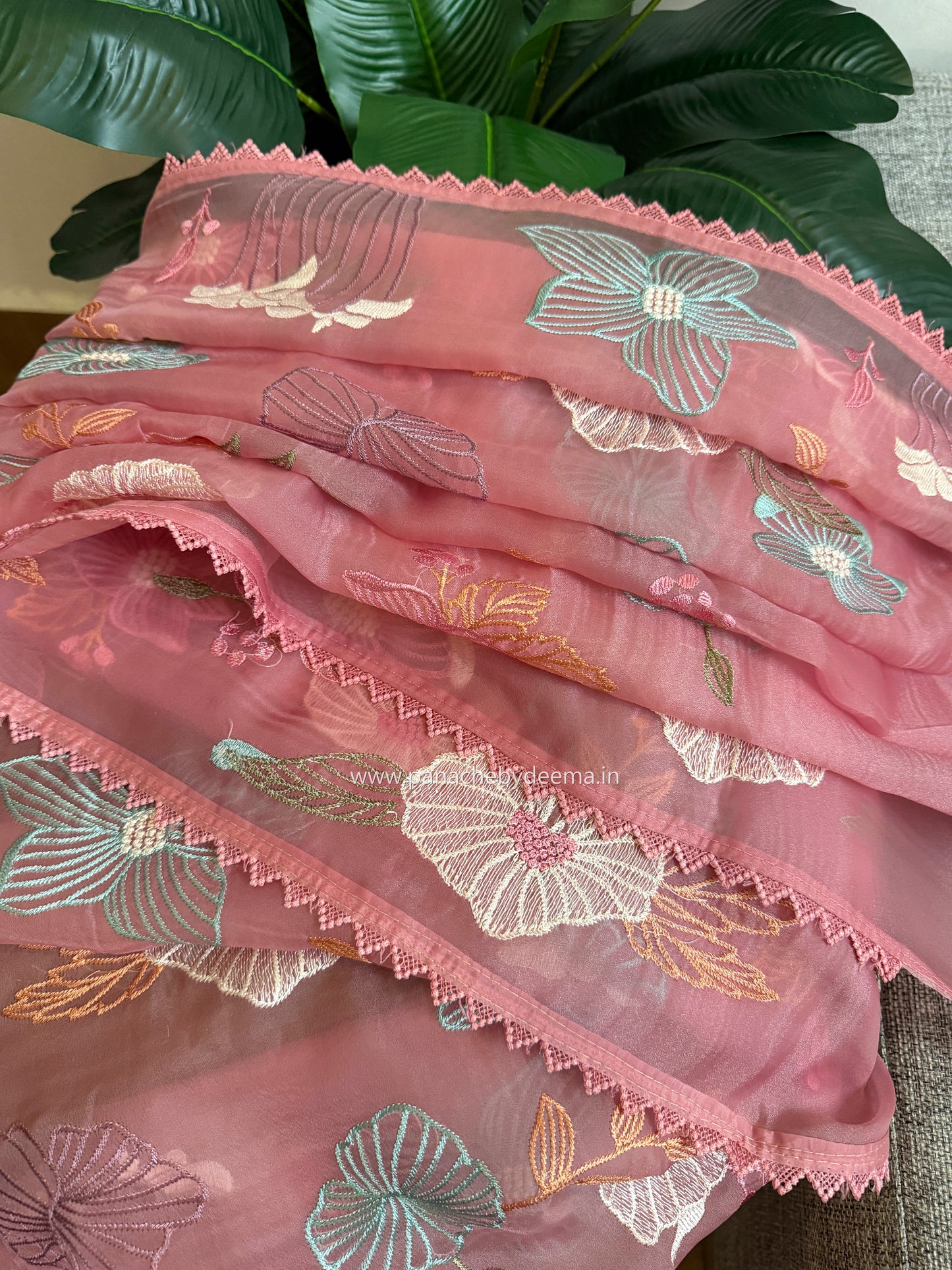 Organza saree with multi colour embroidery and lace borders | Peach | VS2
