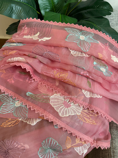 Organza saree with multi colour embroidery and lace borders | Peach | VS2