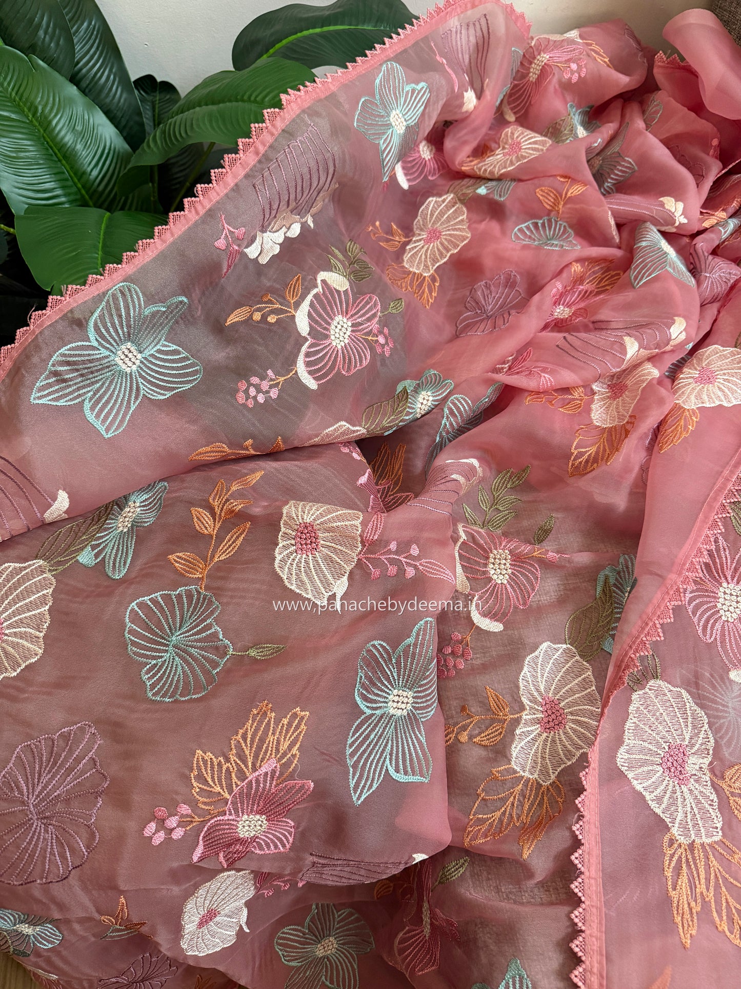 Organza saree with multi colour embroidery and lace borders | Peach | VS2