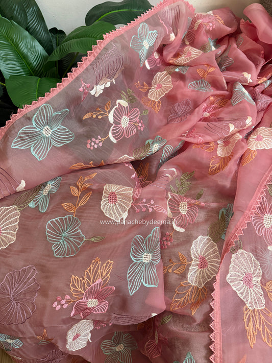 Organza saree with multi colour embroidery and lace borders | Peach | VS2