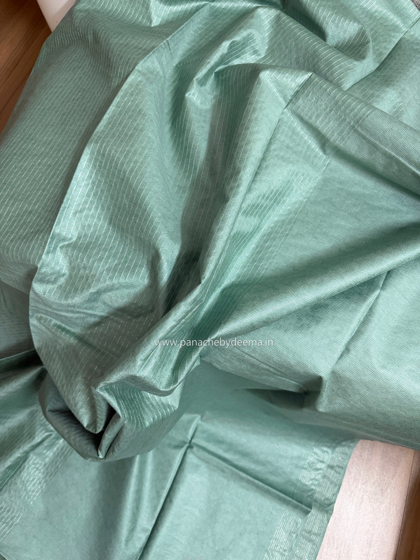 Semi tussar saree with silver zari weaving and striped borders| green| D8