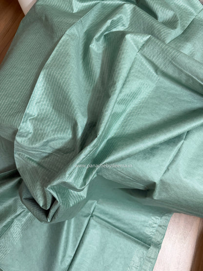 Semi tussar saree with silver zari weaving and striped borders| green| D8