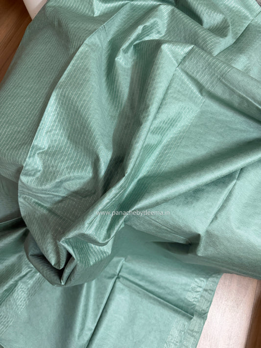 Semi tussar saree with silver zari weaving and striped borders| green| D8