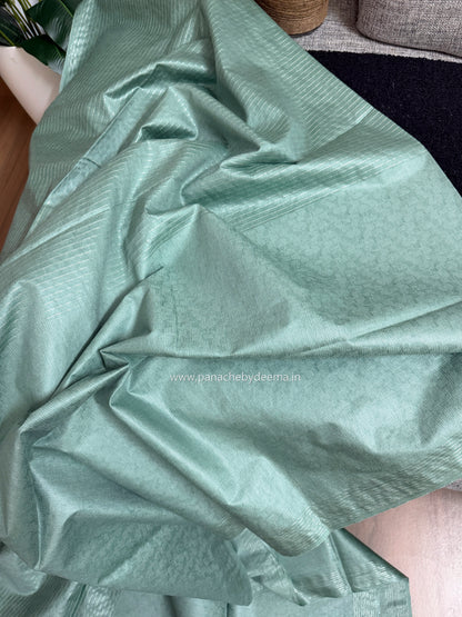 Semi tussar saree with silver zari weaving and striped borders| green| D8