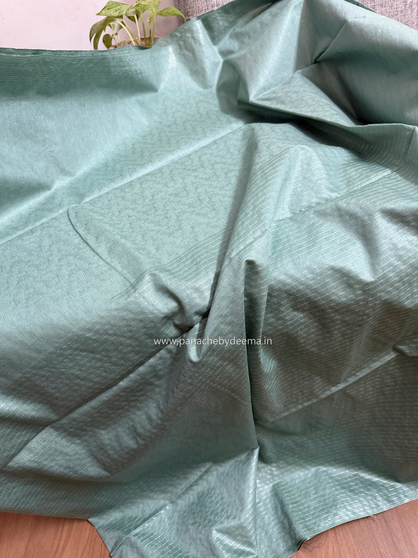 Semi tussar saree with silver zari weaving and striped borders| green| D8