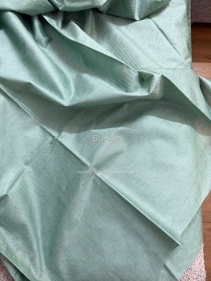 Semi tussar saree with silver zari weaving and striped borders| green| D8