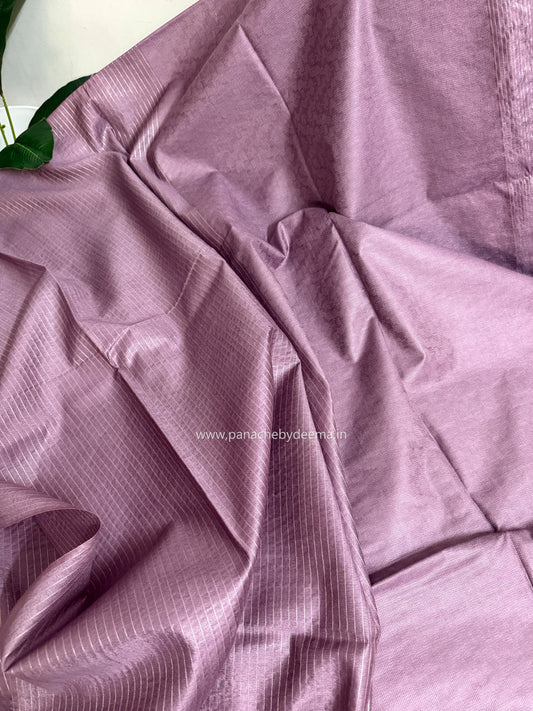 Semi tussar saree with silver zari weaving and striped borders| Onion pink | D9