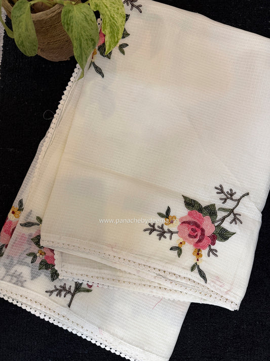 Silky kota saree with embroidery and lace detailed borders  | Off-white| WM1