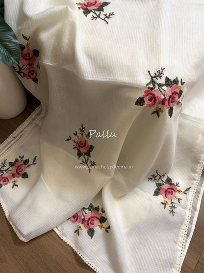 Silky kota saree with embroidery and lace detailed borders  | Off-white| WM1