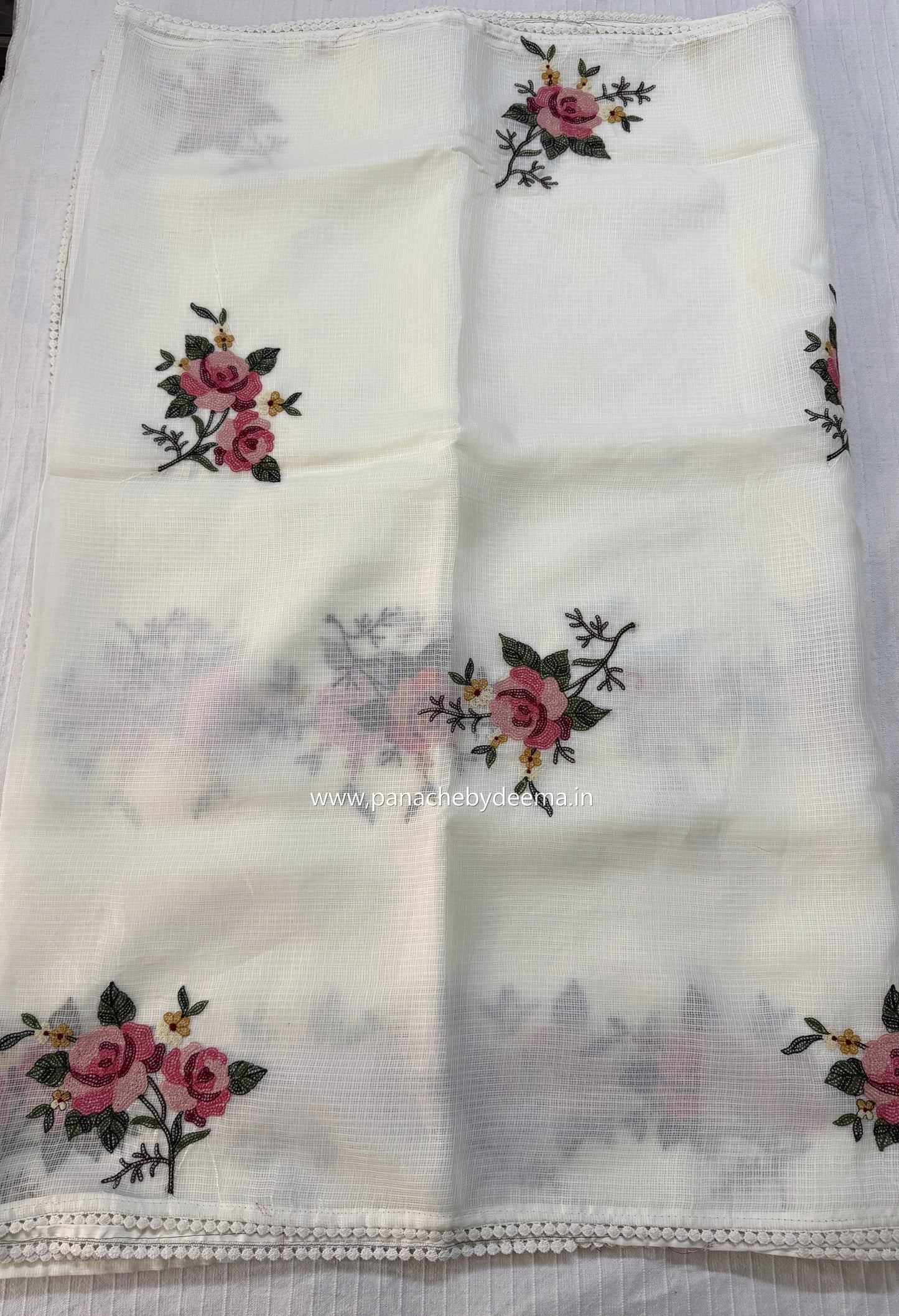 Silky kota saree with embroidery and lace detailed borders  | Off-white| WM1