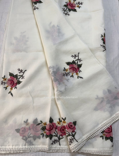 Silky kota saree with embroidery and lace detailed borders  | Off-white| WM1