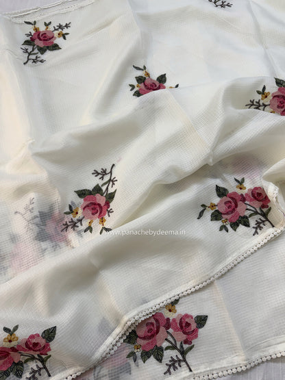 Silky kota saree with embroidery and lace detailed borders  | Off-white| WM1