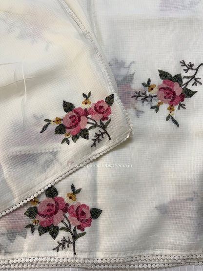 Silky kota saree with embroidery and lace detailed borders  | Off-white| WM1