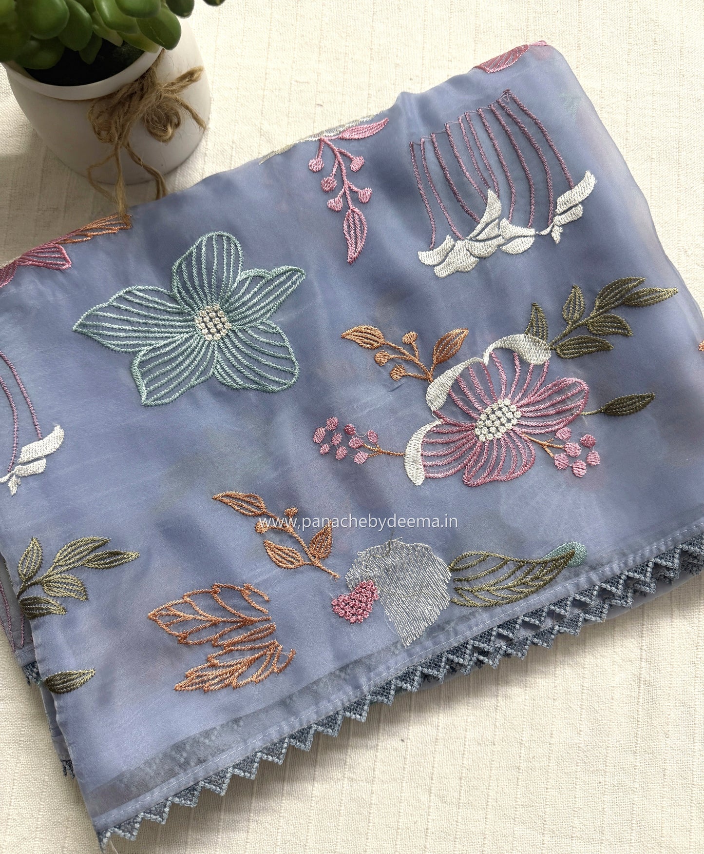 Organza saree with multi colour embroidery and lace borders | Powder Blue | VS1