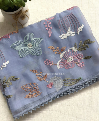 Organza saree with multi colour embroidery and lace borders | Powder Blue | VS1