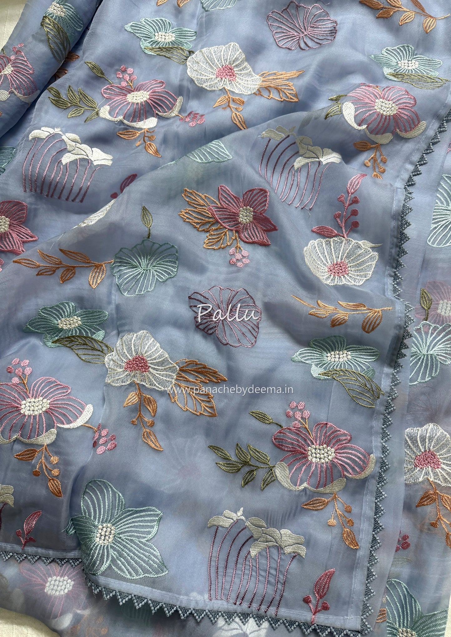 Organza saree with multi colour embroidery and lace borders | Powder Blue | VS1