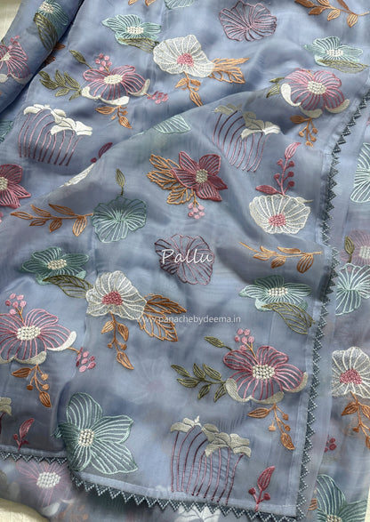 Organza saree with multi colour embroidery and lace borders | Powder Blue | VS1