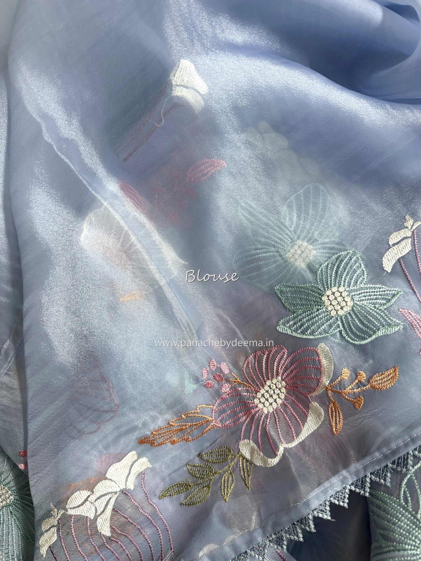 Organza saree with multi colour embroidery and lace borders | Powder Blue | VS1