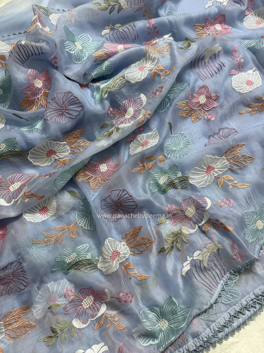 Organza saree with multi colour embroidery and lace borders | Powder Blue | VS1