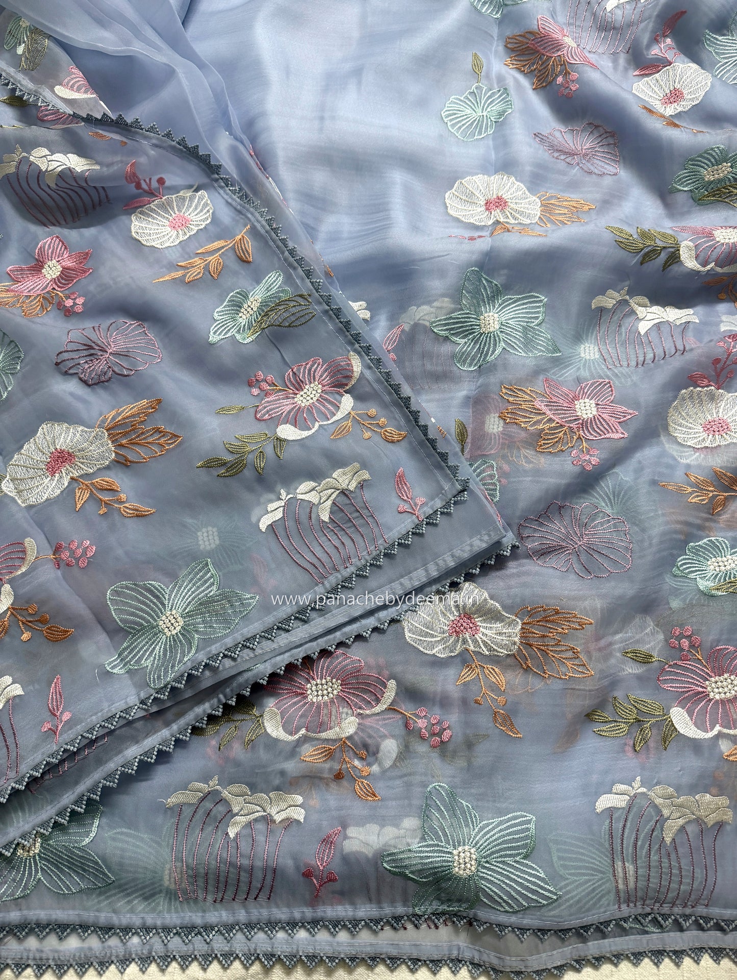 Organza saree with multi colour embroidery and lace borders | Powder Blue | VS1