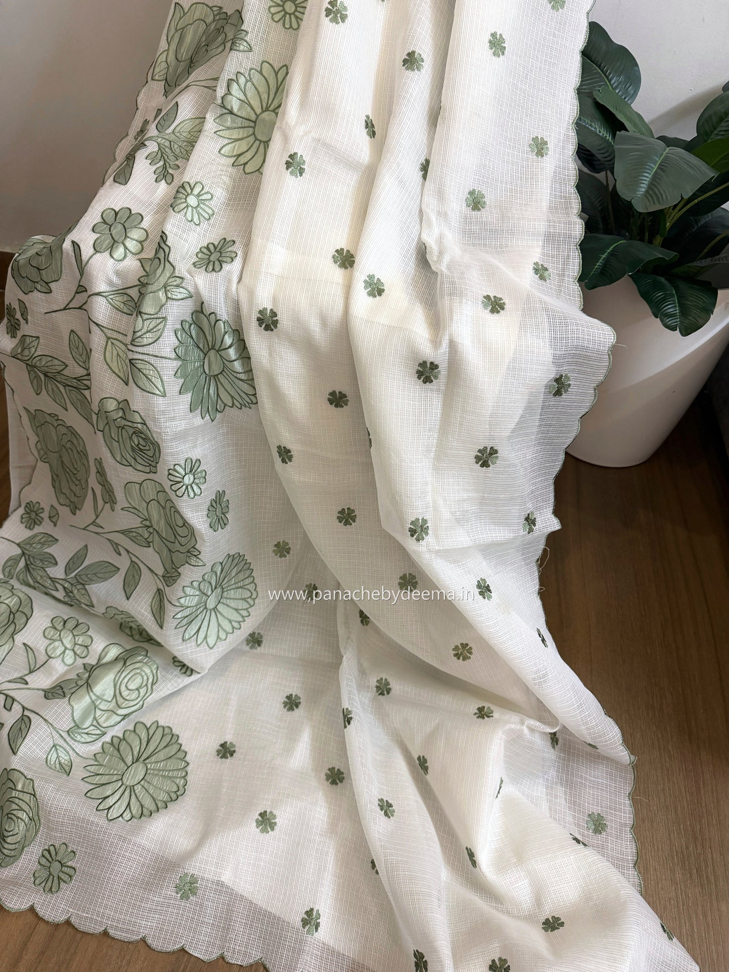 Kota applique saree with scalloped borders | white with green flowers | KAP5