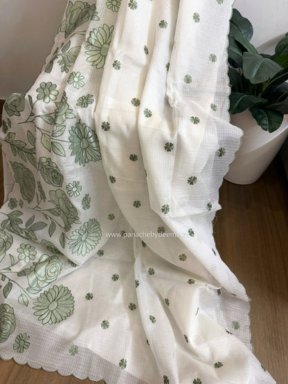 Kota applique saree with scalloped borders | white with green flowers | KAP5