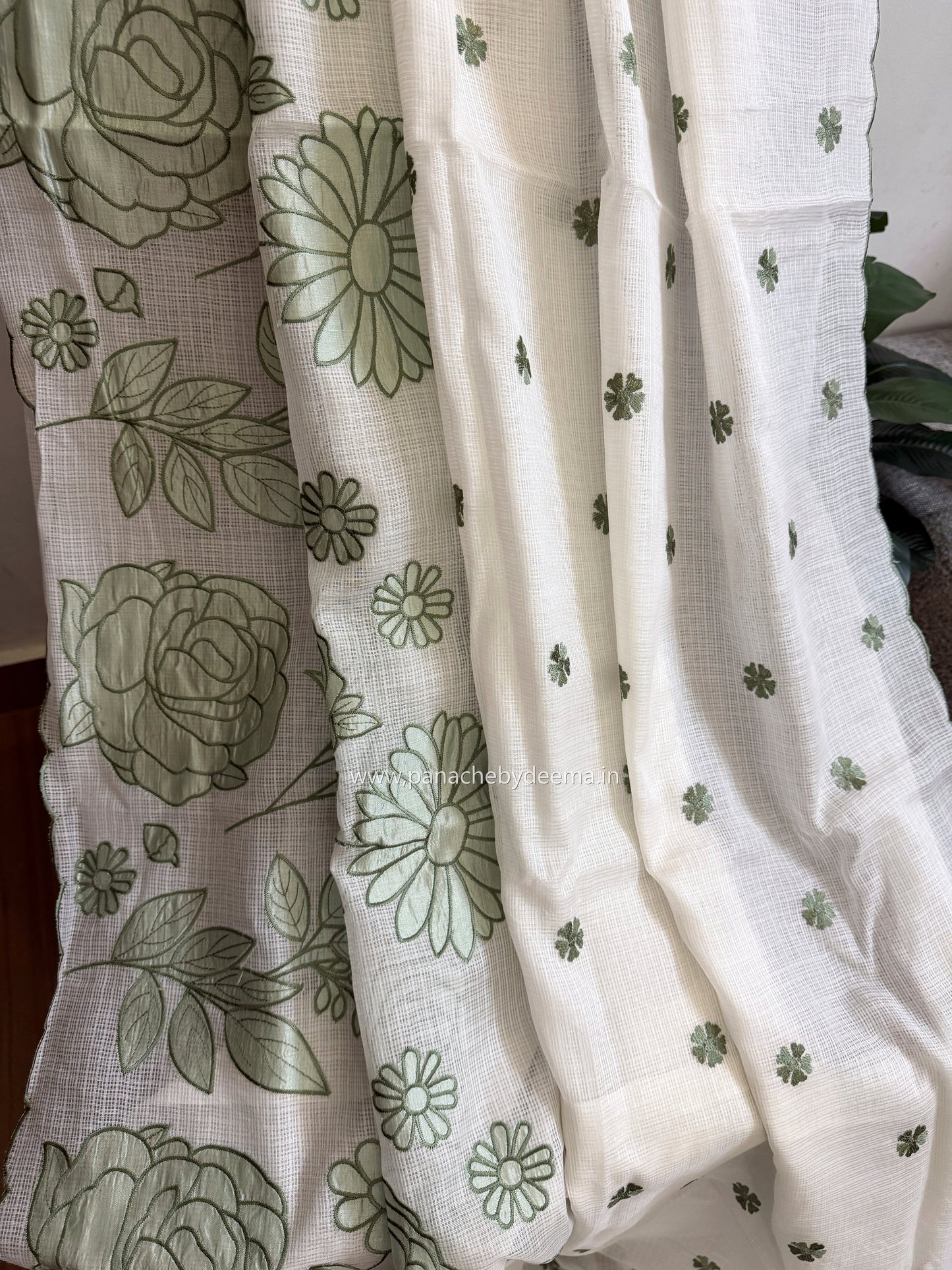 Kota applique saree with scalloped borders | white with green flowers | KAP5