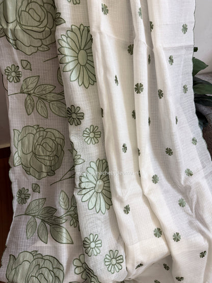 Kota applique saree with scalloped borders | white with green flowers | KAP5