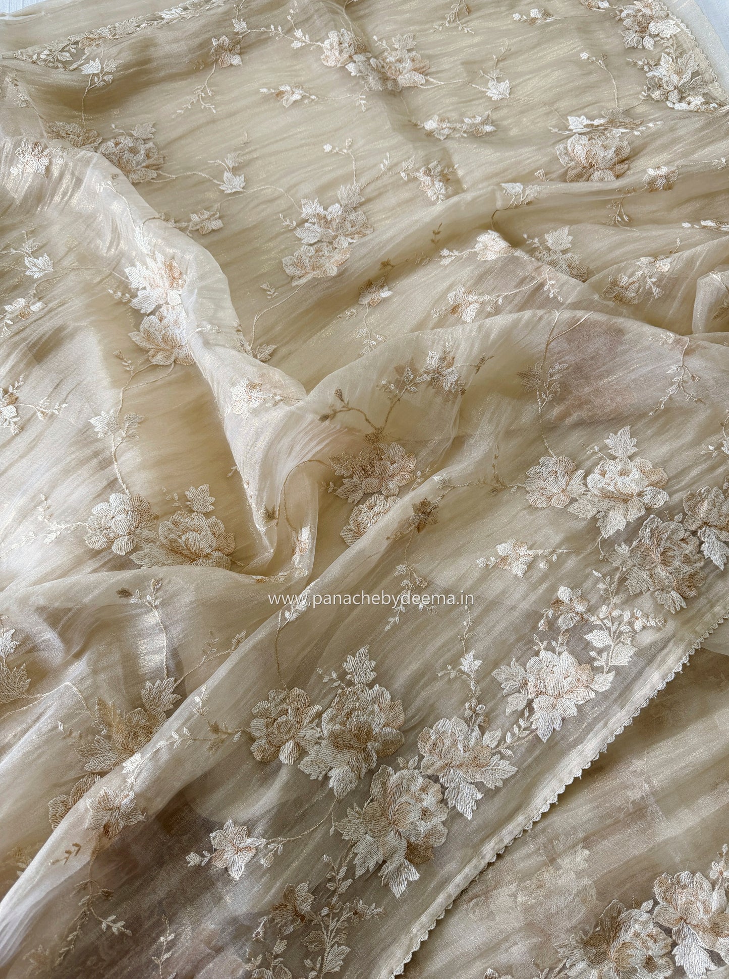 Tissue Organza saree with embroidery |Champaigne gold | E1