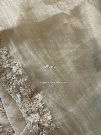 Tissue Organza saree with embroidery |Champaigne gold | E1