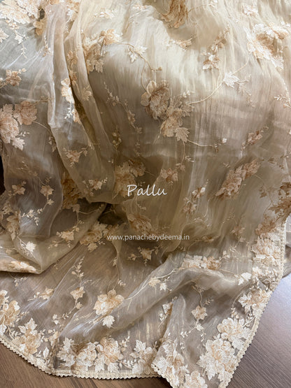 Tissue Organza saree with embroidery |Champaigne gold | E1