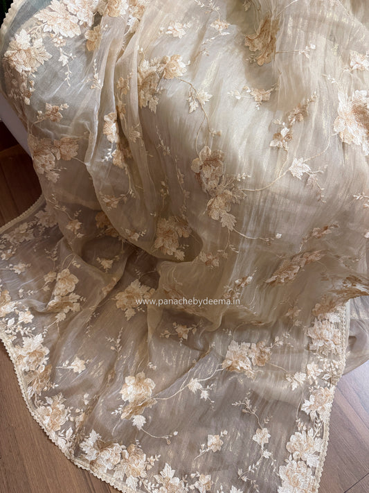 Tissue Organza saree with embroidery |Champaigne gold | E1