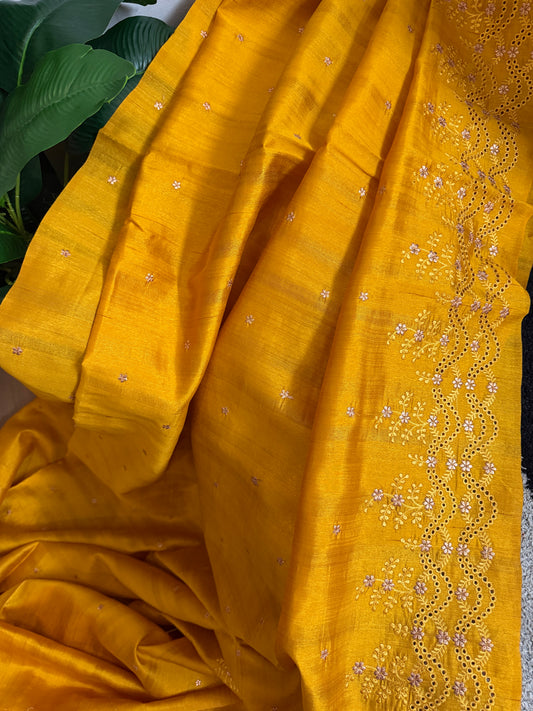 Semi Matka silk designer saree with cut work borders and embroidery | Mustard yellow | MT15