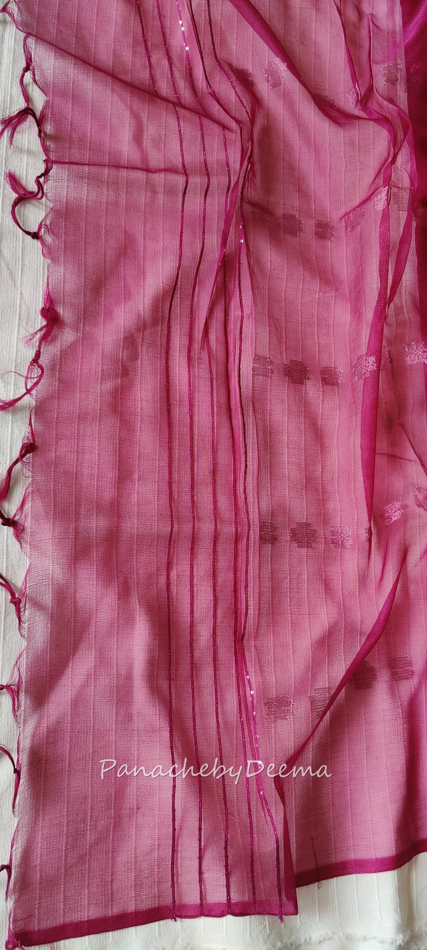 Beautiful semi organza saree with rose gold zari weaving all over body and sequined pallu | Dark pink | OR102