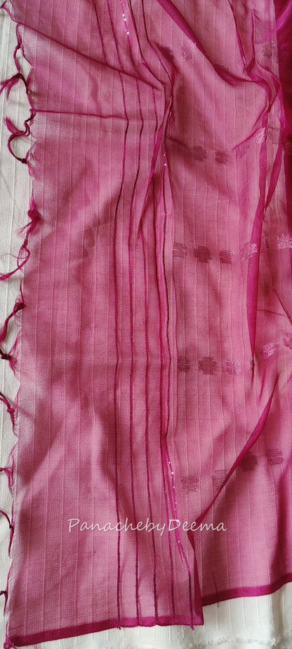 Beautiful semi organza saree with rose gold zari weaving all over body and sequined pallu | Dark pink | OR102