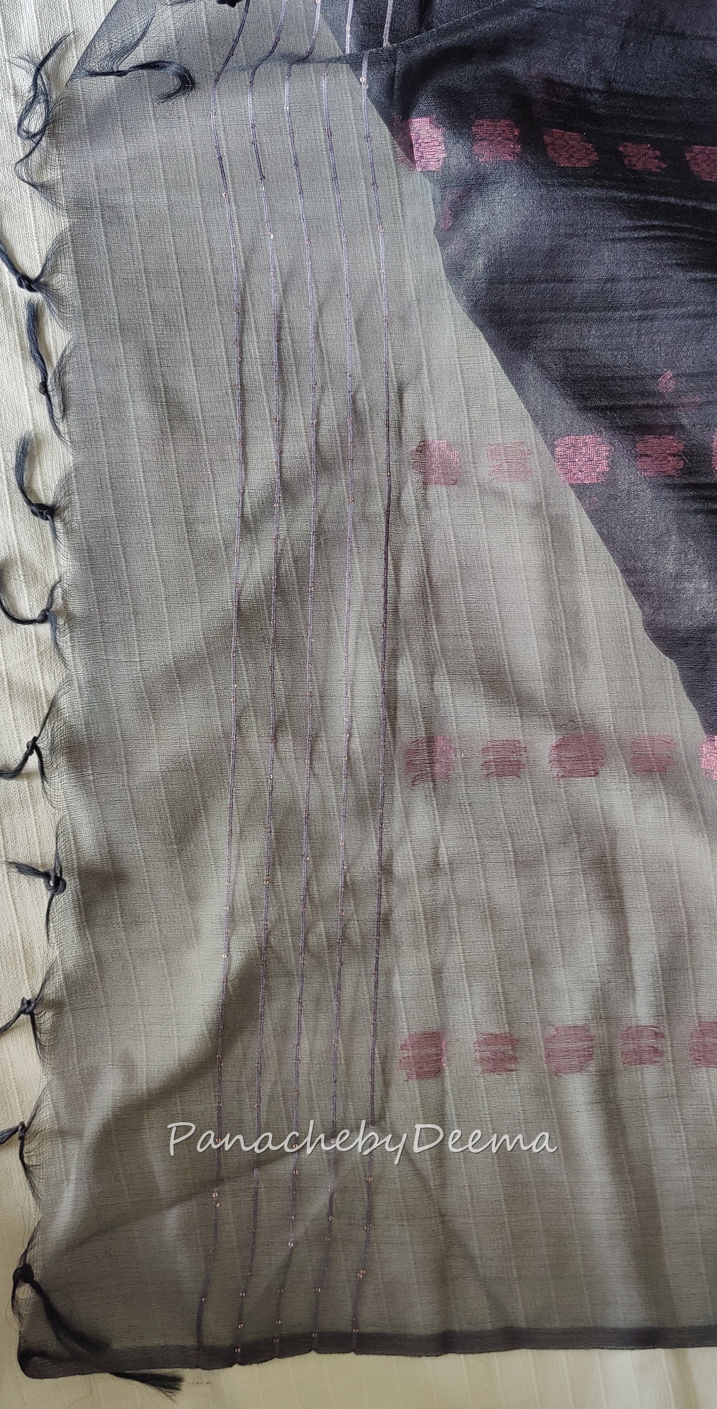 Beautiful semi organza saree with pink zari weaving all over body and sequined pallu | Black colour body with bluish grey blouse| OR101