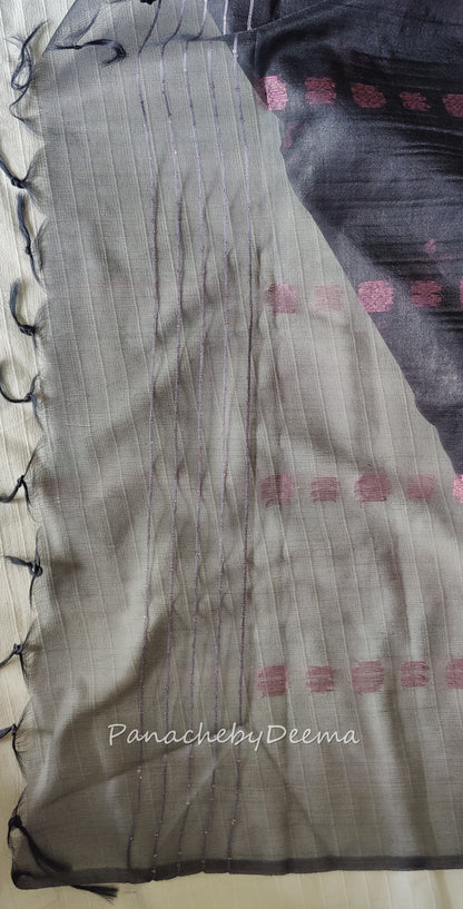 Beautiful semi organza saree with pink zari weaving all over body and sequined pallu | Black colour body with bluish grey blouse| OR101