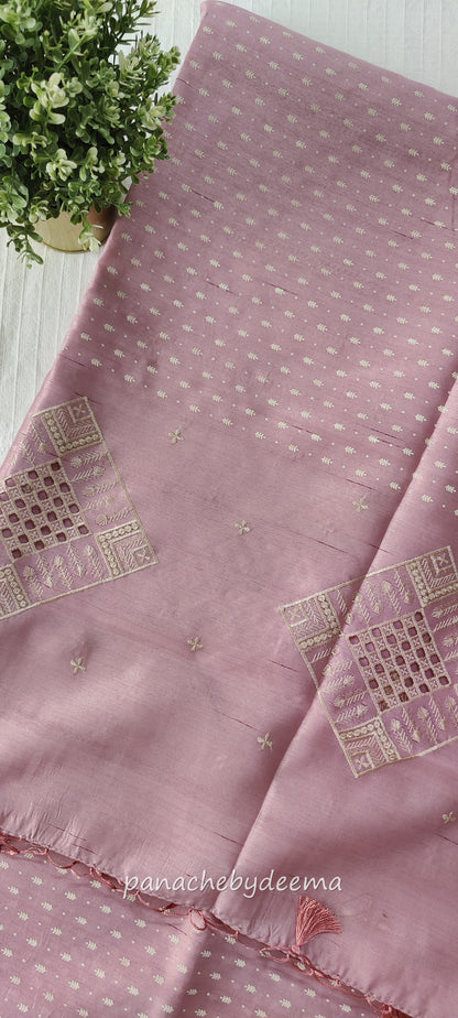 Beautiful semi tussar saree cut work border | Pastel pink | CT100