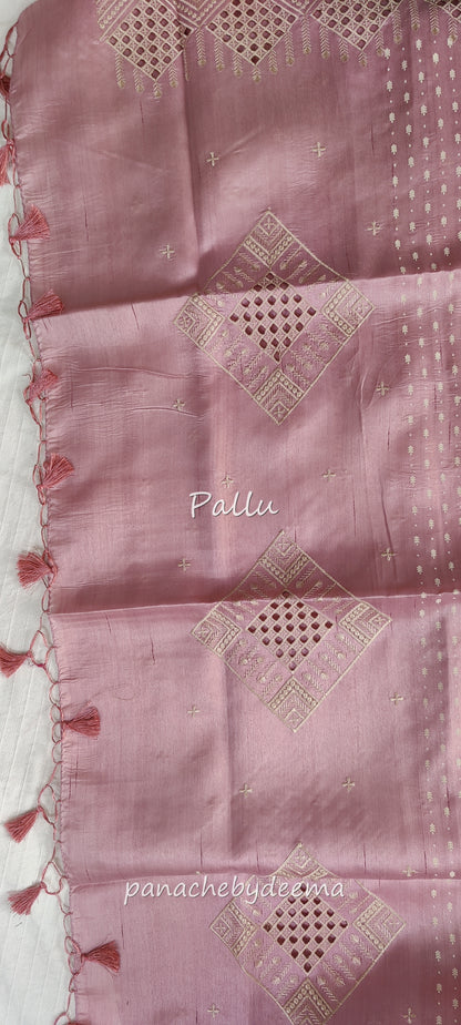Beautiful semi tussar saree cut work border | Pastel pink | CT100