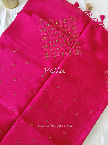 Semi raw silk designer saree with cut work borders and embroidery | Dark Pink | DY1