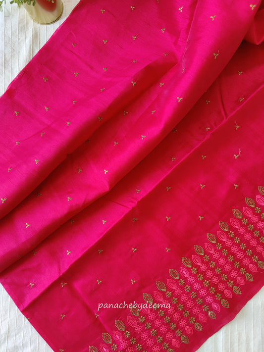 Semi raw silk designer saree with cut work borders and embroidery | Dark Pink | DY1