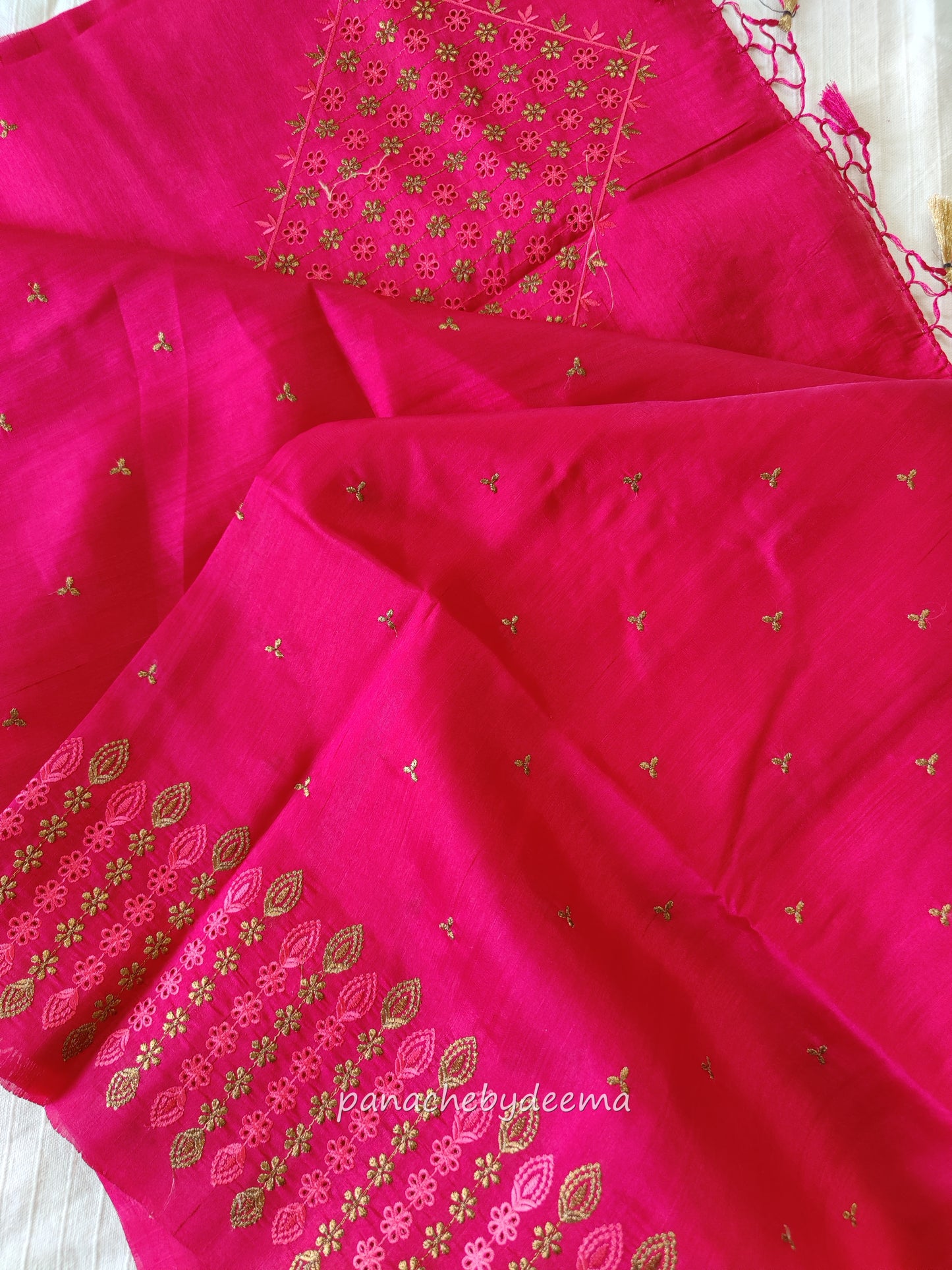 Semi raw silk designer saree with cut work borders and embroidery | Dark Pink | DY1