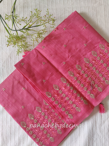 Semi raw silk designer saree with cut work borders and embroidery | Light pink | DY2