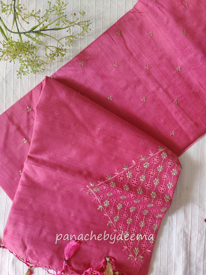 Semi raw silk designer saree with cut work borders and embroidery | Light pink | DY2