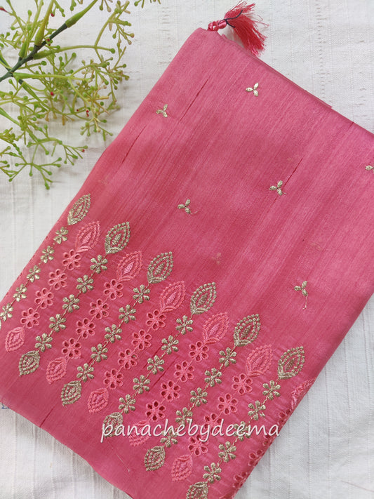 Semi raw silk designer saree with cut work borders and embroidery | Light pink | DY2