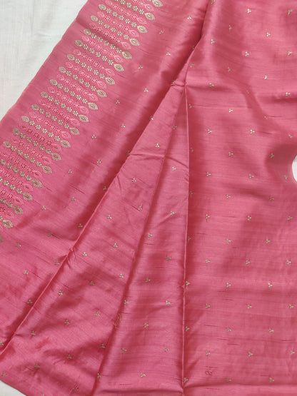 Semi raw silk designer saree with cut work borders and embroidery | Light pink | DY2