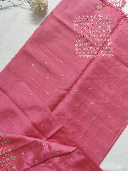 Semi raw silk designer saree with cut work borders and embroidery | Light pink | DY2